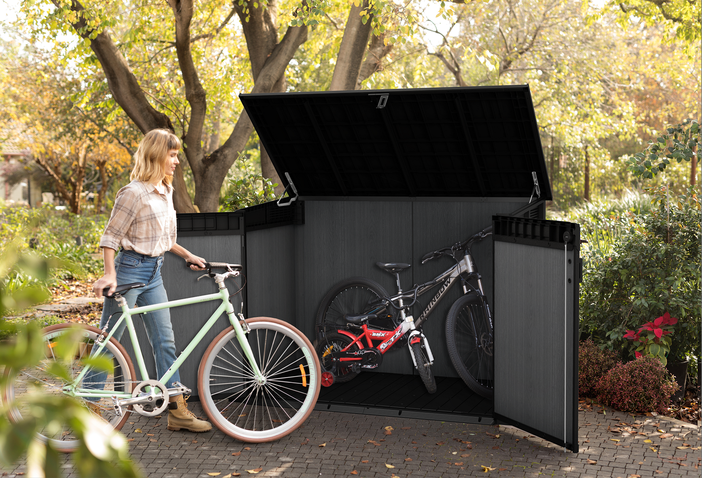 Resin and plastic bike storage box