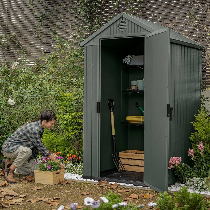 Wood effect plastic shed for stylish gardens