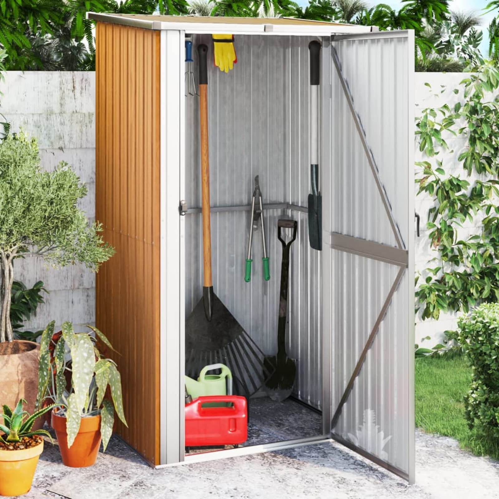 Metal garden storage shed with sloped roof